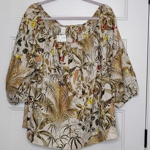 NWT Women's XL H&M Tropical Cotton Puff Sleeve Blouse